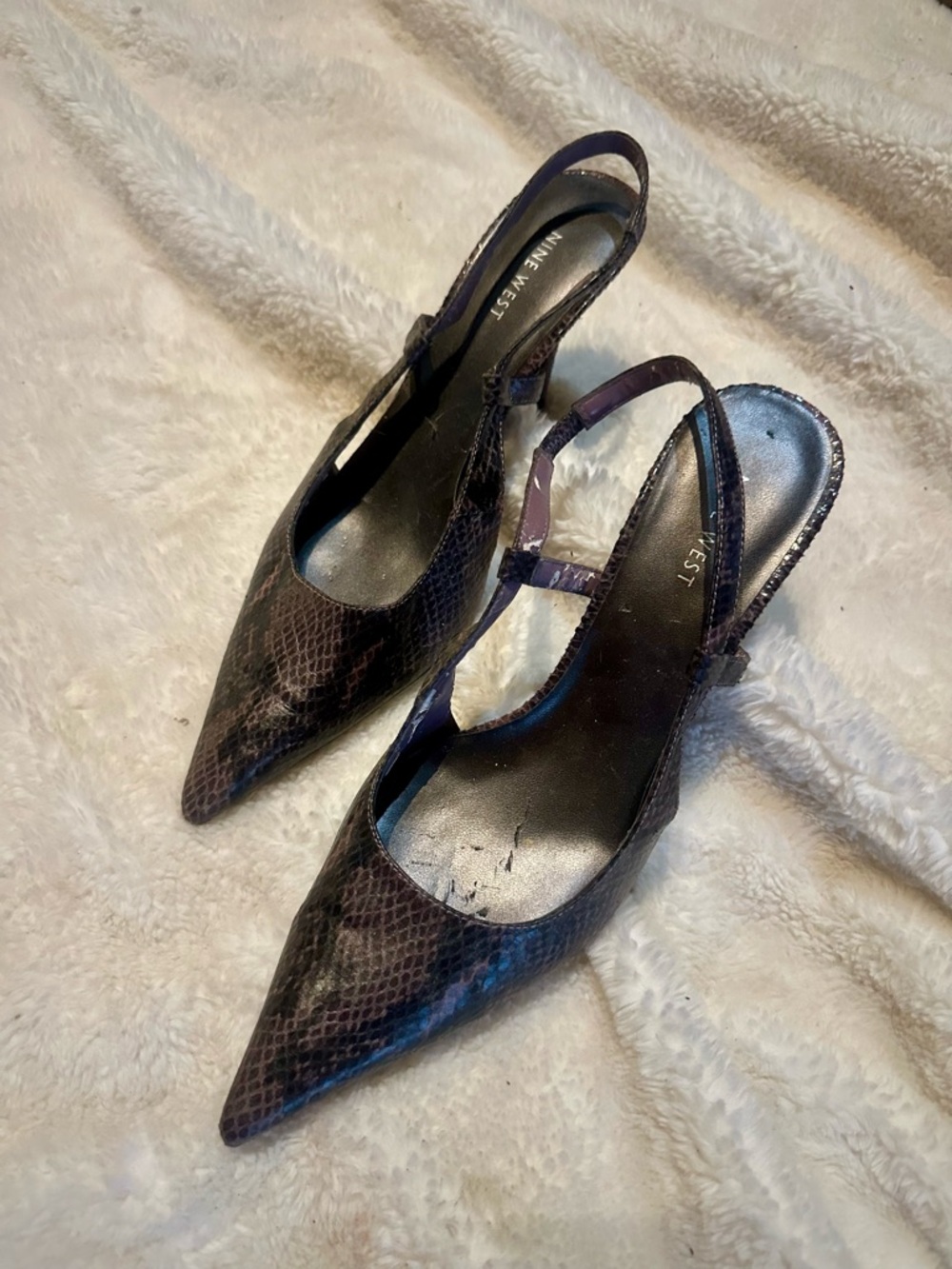Nine West Purple Snake-Print Pointed Slingback Heels